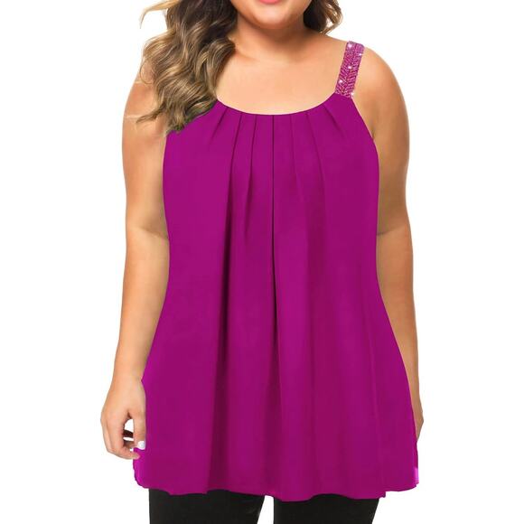 Maner Size XL Fuchsia Pink Pleated Chiffon Lined Swing Tank with Beaded Straps - Picture 1 of 9